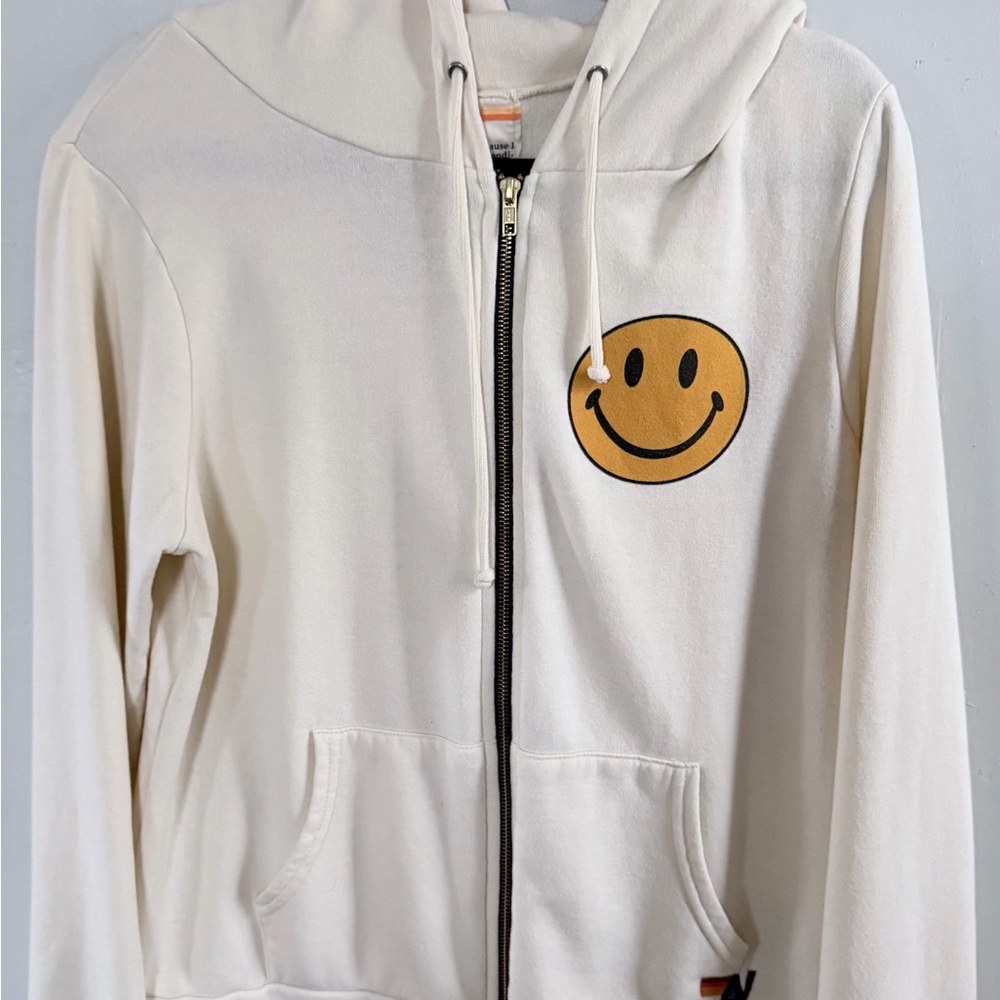 Aviator Nation Smiley Face Zip Hoodie Large Cream Unisex Made in USA
